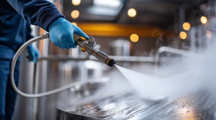 Faceless technician cleaning brewery equipment with pressurized steam, stainless steel surfaces glinting under warm overhead lighting, with copy space.