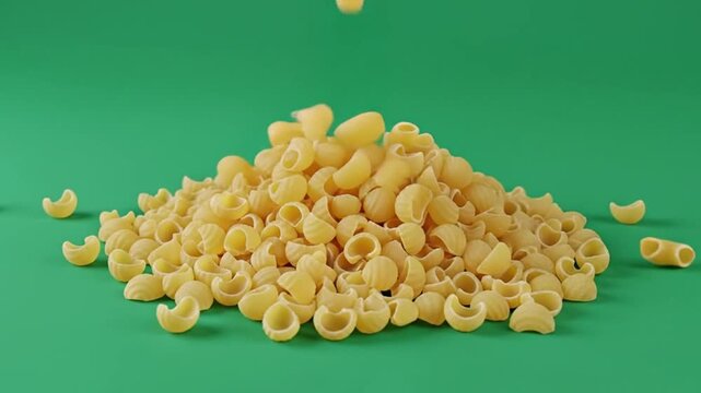 Raw macaroni pasta pile on bright green background food ingredient concept