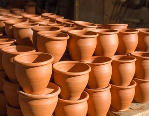 Close-up of numerous terracotta pots stacked neatly, in varying sizes, inside a workshop setting, bathed in sunlight