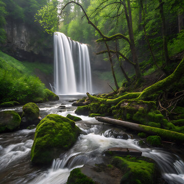 Waterfall flowing through a green forest