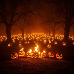 A spooky, atmospheric scene with a row of carved pumpkins on fire, backed by a field of glowing jack-o'-lanterns