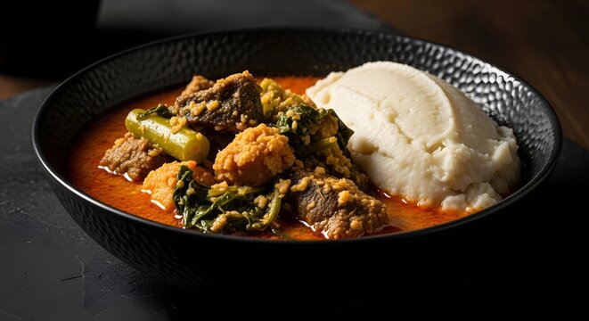 High-contrast food portrait of egusi soup with pounded yam, textured background