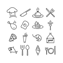 Set of outline icons related to restaurant, cafe, and bistro. Linear food and drink icon collection with utensils, chef, menu, and kitchen elements. 
Editable stroke. Vector illustration.
