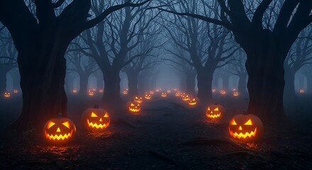 A spooky, fog-filled forest path at dusk, illuminated by glowing jack-o'-lanterns, creating a haunting Halloween scene