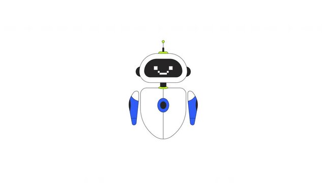 Friendly AI robot with pixelated smile floating 2D character animation. Artificial intelligence robotics cute. Customer bot, chatbot animated personage cartoon 4K video isolated on white transparent