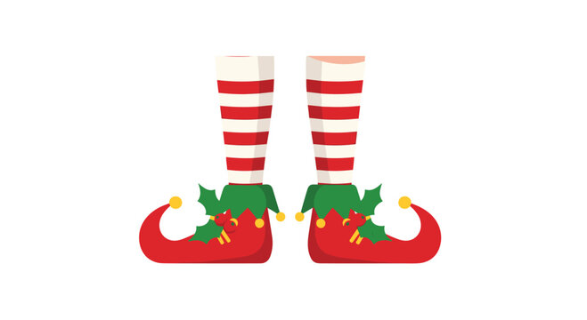 A delightful illustration of festive elf legs in red and white striped stockings with whimsical shoes adorned with holly and golden bells.