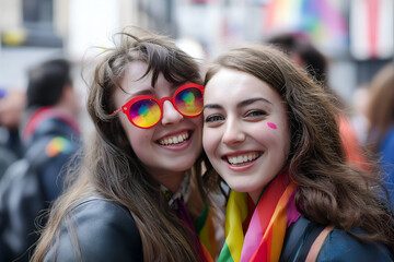 Vibrant street scene showing a cheerful woman wrapped in a rainbow pride flag among a crowd of people celebrating LGBTQ+ Pride. Symbol of freedom, diversity, and equality.