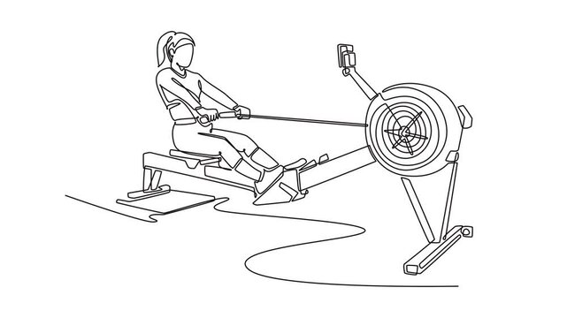 Animated self drawing of continuous line draw active woman is performing full-body cardio workout on rowing machine. Endurance, focus, and dynamic fitness training. Full length single line animation