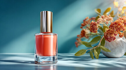Orange nail polish bottle with golden cap and dried flowers in white vase on blue background with soft light