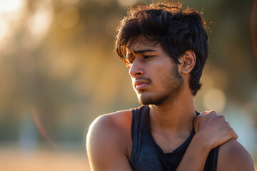 Portrait of Indian man resting after exercise in soft evening sunlight. Golden hour tones highlight his profile and emotional expression, perfect for fitness, lifestyle, or mental-health concepts.