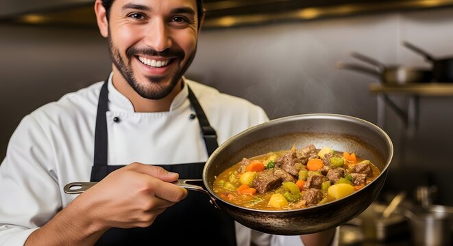 Portrait of a smiling cook holding traditional pan with stew - Powered by Adobe