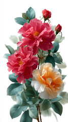 Red rose flower with orange rose and green leaves on white background, romantic floral vine border with soft natural light