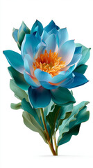 Blue lotus flower with green leaves and bright orange stamen, isolated on white background, vibrant and detailed botanical illustration