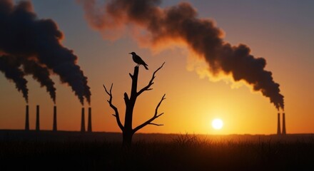 Crow perches atop a dead tree with smoke stacks in hazy, sunset scene