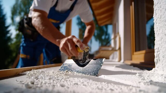 Angled close-up of plaster being applied to wall, trowel scraping excess material, hands in action, subtle shadows highlighting texture
