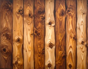 Close-up of vertical, wooden planks showcasing varied shades from light to dark brown, with visible knots and grain patterns