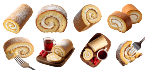 Set of classic swiss roll jelly roulade roll-up fluffy vanilla sponge cake with cream icing fillings, slice pile, wooden serving board, transparent cutout PNG. Many different flavour. Mockup	