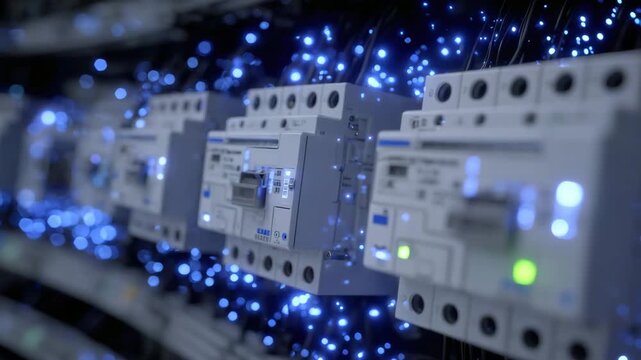 Artistic close-up of PLC modules lined on DIN rail, shadowed contours with glowing background giving futuristic feel