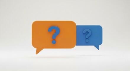 3D render orange and blue speech bubbles with question marks on white background
