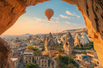 olorful hot-air balloon floating over a river and green fields with mountains in the background. Perfect for travel, freedom, and adventure themes.