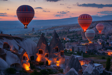 olorful hot-air balloon floating over a river and green fields with mountains in the background. Perfect for travel, freedom, and adventure themes.
