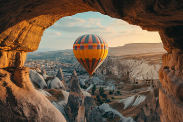 olorful hot-air balloon floating over a river and green fields with mountains in the background. Perfect for travel, freedom, and adventure themes.