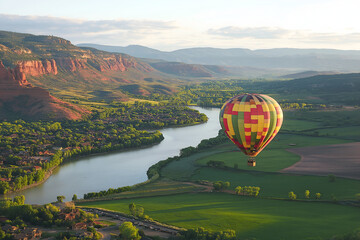 olorful hot-air balloon floating over a river and green fields with mountains in the background. Perfect for travel, freedom, and adventure themes.
