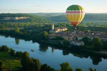 olorful hot-air balloon floating over a river and green fields with mountains in the background. Perfect for travel, freedom, and adventure themes.