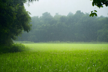 A beautiful rural landscape showing heavy rain over green rice fields and a misty forest in the distance.
