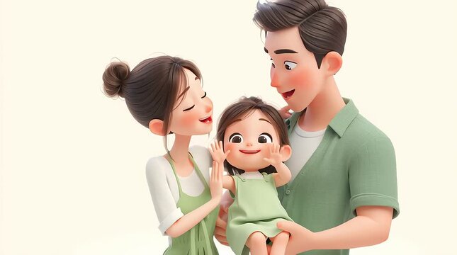 3D animation of happy family with little daughter