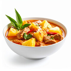 Fototapeta premium a white bowl is filled with an orange tinted liquid dish that includes chunks of golden fruit and cooked meat