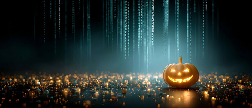 Halloween pumpkin glowing with digital rain background, spooky atmosphere with bright lights and dark misty environment