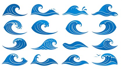 Collection of stylized blue water wave illustrations with white highlights and varying shapes. Various ocean and sea patterns