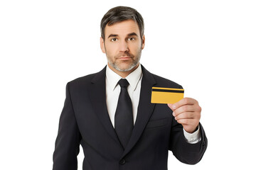 Professional man in a business suit presenting a credit card, representing finance, payment, banking, or e-commerce concepts.