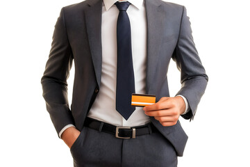 Professional man in a business suit presenting a credit card, representing finance, payment, banking, or e-commerce concepts.