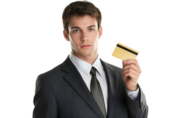 Professional man in a business suit presenting a credit card, representing finance, payment, banking, or e-commerce concepts.
