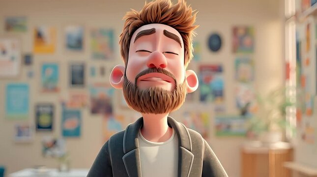 3D animation of friendly bearded man talking in cozy home office