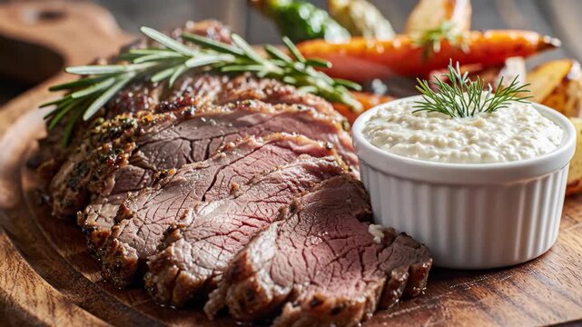 Roasted Meat Platter with Herbs and Fresh Vegetables on Wooden Board
