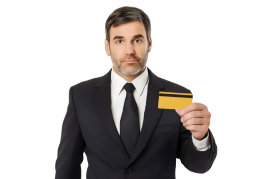 Professional man in a business suit presenting a credit card, representing finance, payment, banking, or e-commerce concepts.