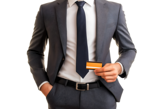 Professional man in a business suit presenting a credit card, representing finance, payment, banking, or e-commerce concepts. - Powered by Adobe