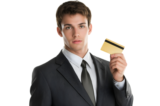 Professional man in a business suit presenting a credit card, representing finance, payment, banking, or e-commerce concepts.