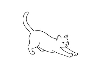 A black  white drawing of a cat stretching forward with its tail raised