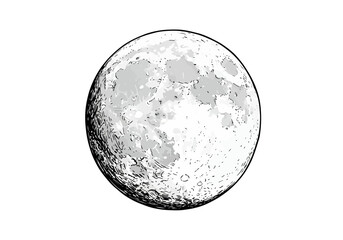 A blackoutlined illustration of a graytoned full moon with textured craters and shading details