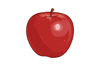 A bright red apple with a brown stem is prominently displayed against a white background