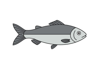 A gray fish illustration with distinct fins tail and a clear eye divided horizontally into two shades of gray