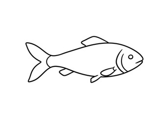 A line drawing of a fish depicted in profile with visible fins and tail