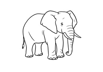 A line drawing of an elephant with large ears tusks and a trunk is centered on a white background