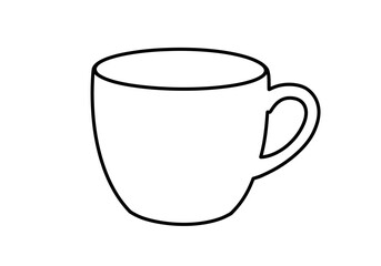 A monochrome line art drawing of a simple empty cup with a handle presented on a white background