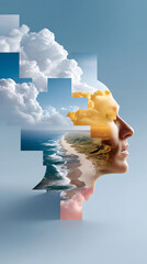Mindful zone visualized in isometric cutaway head showing clouds, ocean, beach, and sunset blending with calm human face profile