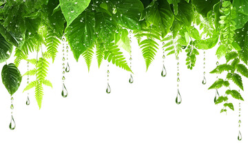 Nature background of green fern and ivy leaves covered with raindrops, isolated on black. Ideal for eco, freshness, or nature design themes.